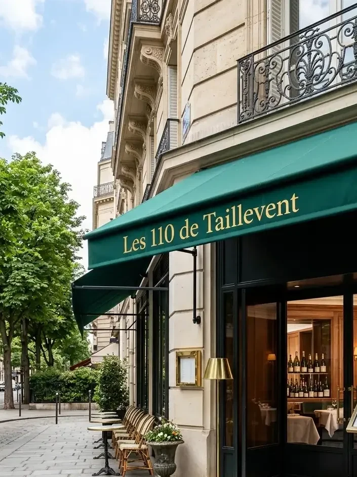 Façade du restaurant Les 110 de Taillevent à Paris pour le déjeuner du Club Gourmet.
