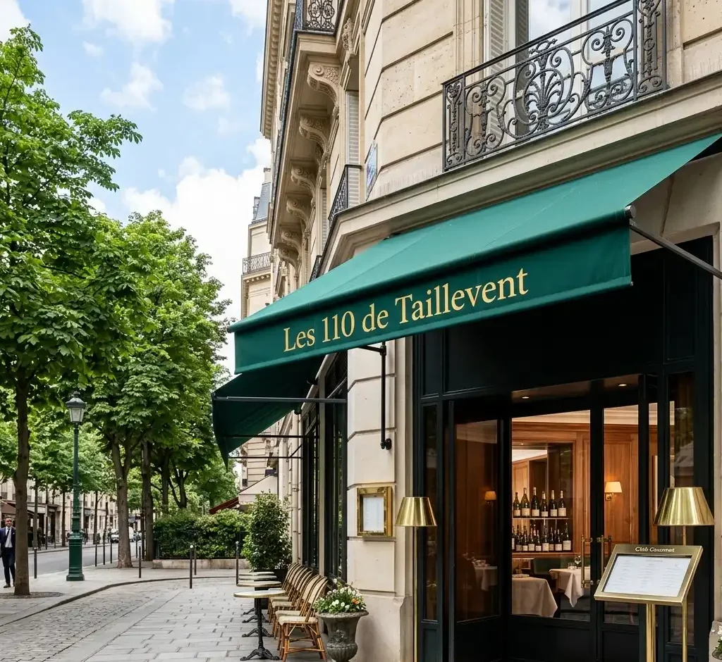 Façade du restaurant Les 110 de Taillevent à Paris pour le déjeuner du Club Gourmet.